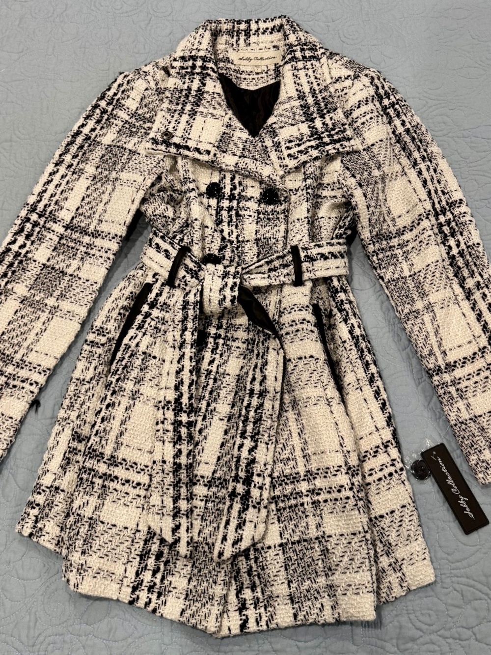 NWT SEBBY COLLECTION SOFT SHELL DOUBLE BREASTED PEA COAT BLACK/WHITE SIZE LARGE